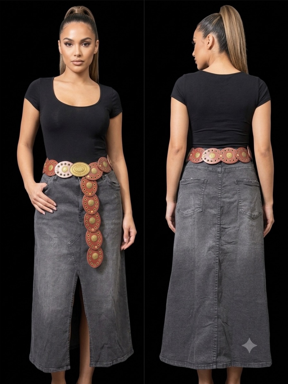 Maxi Skirt + Medallion Waist Belt - Brown